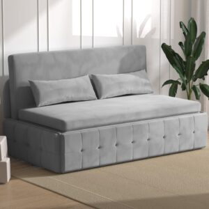 CECER Queen Size Pull Out Sofa Bed, Guest Couch Bed with 2 Pillows, Velvet Convertible Sleeper Sofa with Foldable Mattress, 3 in 1 Armless Loveseat Bed for Living Room，Small Space(Light Grey)