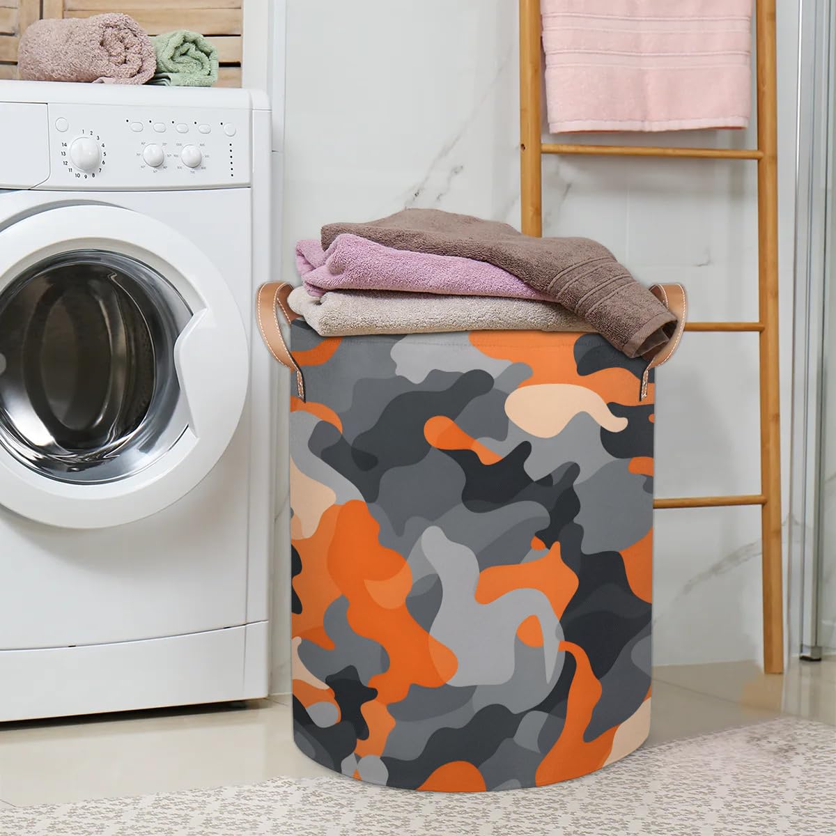 Kolabimo Orange Camo Pattern Laundry Basket Collapsible Laundry Hamper with Handles Waterproof Round Clothes Storage Bin for Laundry Rooms Bedrooms Bathroom 16x20.8 Inch