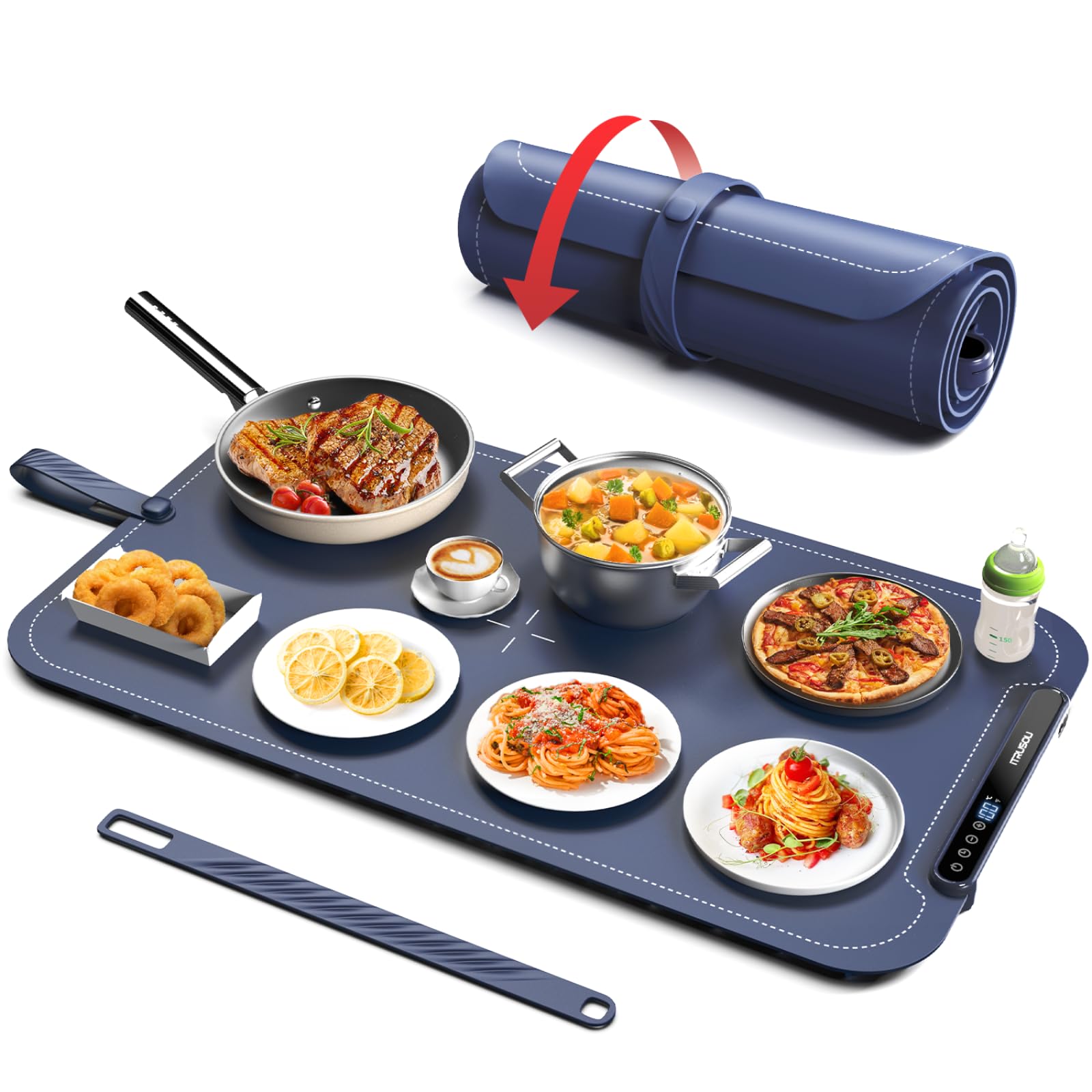 Electric Warming Tray, iTRUSOU Silicone Warming Mat for Food with 7 Level Temp, Switchable Celsius/Fahrenheit, 1-8Hr Auto Shut-Off, Upgrade Strap Keep Food Warm at Buffet, Party, Sabbath, Daily Use