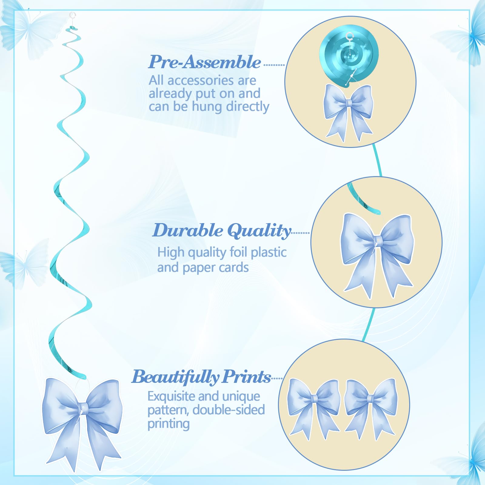 Bow Birthday Party Hanging Swirls Decorations, Coquette Birthday Decorations Blue Bow Party Decorations for Baby Shower Bridal Bachelorette Wedding Party Decor