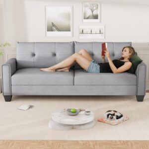 VOHOBY 82" Sofa Couches for Living Room, 3 Seater Sofa with Extra Deep Seats | Tufted Backrest | Thickened Cushion | Modern Comfy Sofa | Solid Wood Frame | Easy to Install, Prime Linen, Light Grey