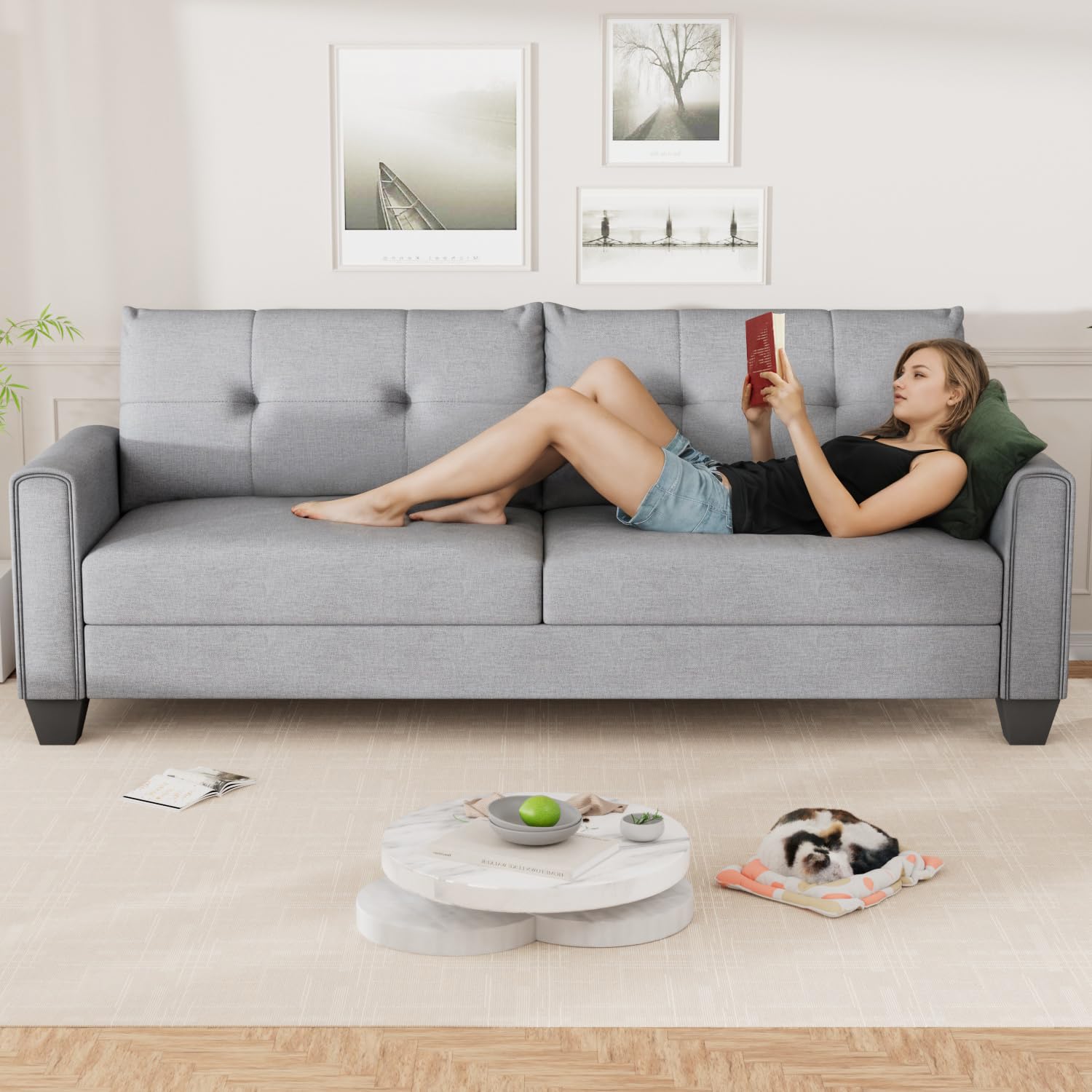 VOHOBY 82" Sofa Couches for Living Room, 3 Seater Sofa with Extra Deep Seats | Tufted Backrest | Thickened Cushion | Modern Comfy Sofa | Solid Wood Frame | Easy to Install, Prime Linen, Light Grey