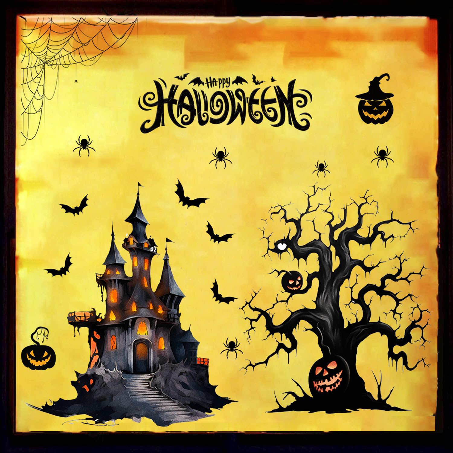 Large Halloween Wall Stickers Halloween Spooky Tree Wall Decal Peel and Stick Halloween Castle Bats Pumpkin Spider Web Wall Sticker for Window Bedroom Living Room Halloween Party Supplies Decorations