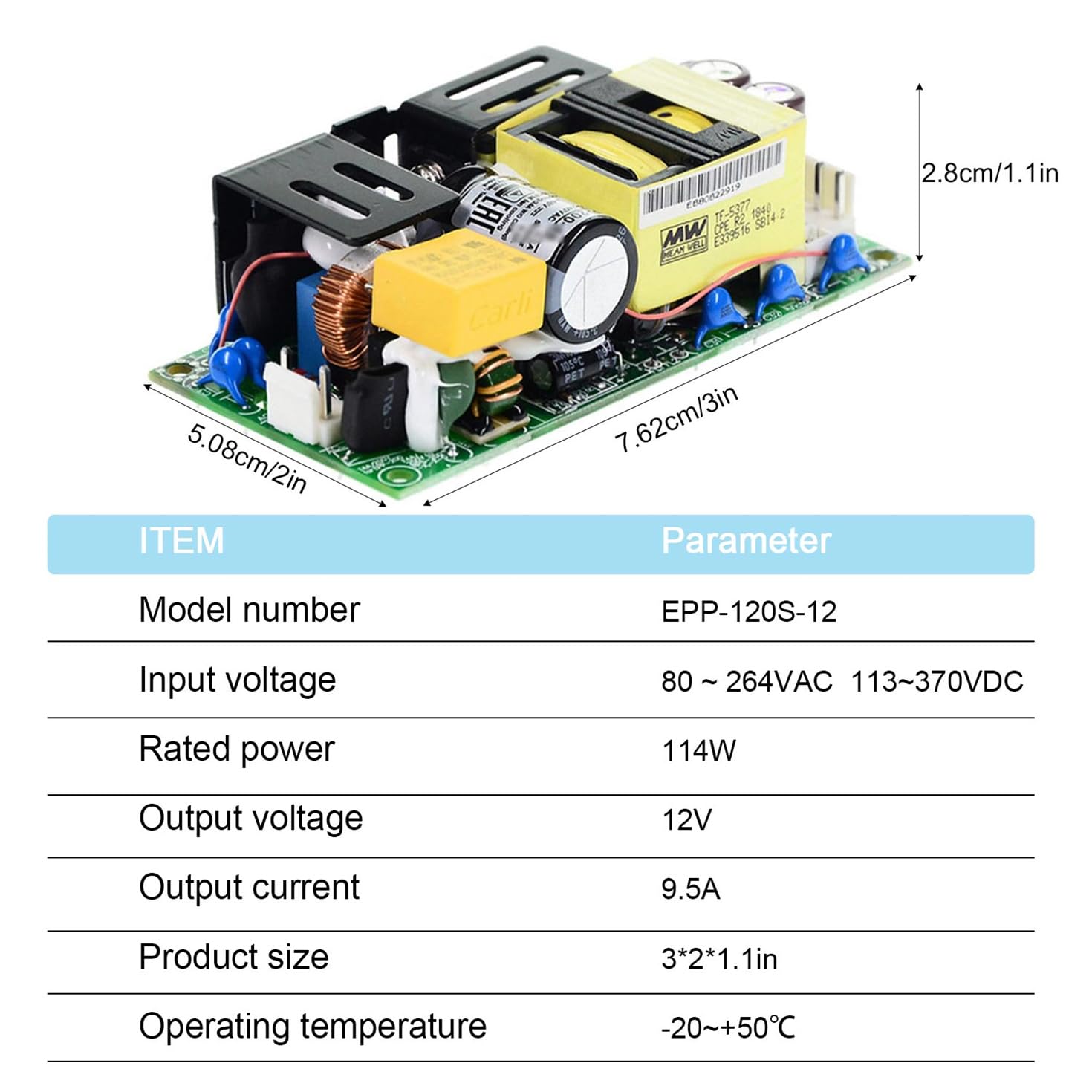 DrapeMania EPP-120S-12 Compact 12V 9.5A 114W Industrial DIN Rail Power Supply, 141.6W Peak, -22°F to +185°F Wide Temperature, 91% Efficiency, Dual EMC Class I & II, Full Protection for Automation