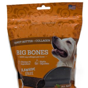 Peanut Butter + Collagen Big Bones for Dogs, 6 Pack - Rawhide-Free, Highly Digestible, All-Natural Ingredients, 10 oz (283g)