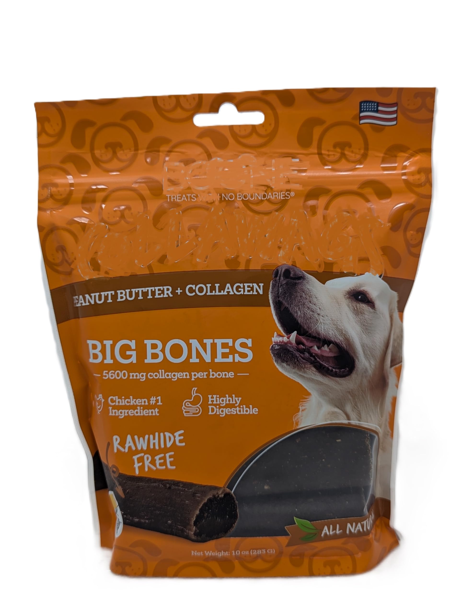 Peanut Butter + Collagen Big Bones for Dogs, 6 Pack - Rawhide-Free, Highly Digestible, All-Natural Ingredients, 10 oz (283g)