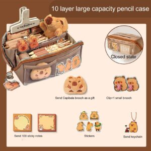 GUANGLU Cute Capybara Pencil Case, Capybara School Supplies, Large Capacity Wide Opening Mouth Pencil Pouch with Cute Pins Plush Stickers Pendant and Memo Pad