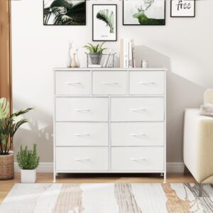 Dresser for Bedroom, 9 Storage Drawers, Anti-Tip Tall Fabric Closet Chests Organizer Tower Furniture with Wooden Top Metal Frame for Clothes, Kids Room, Living Room, Hallway, Entryway (White)