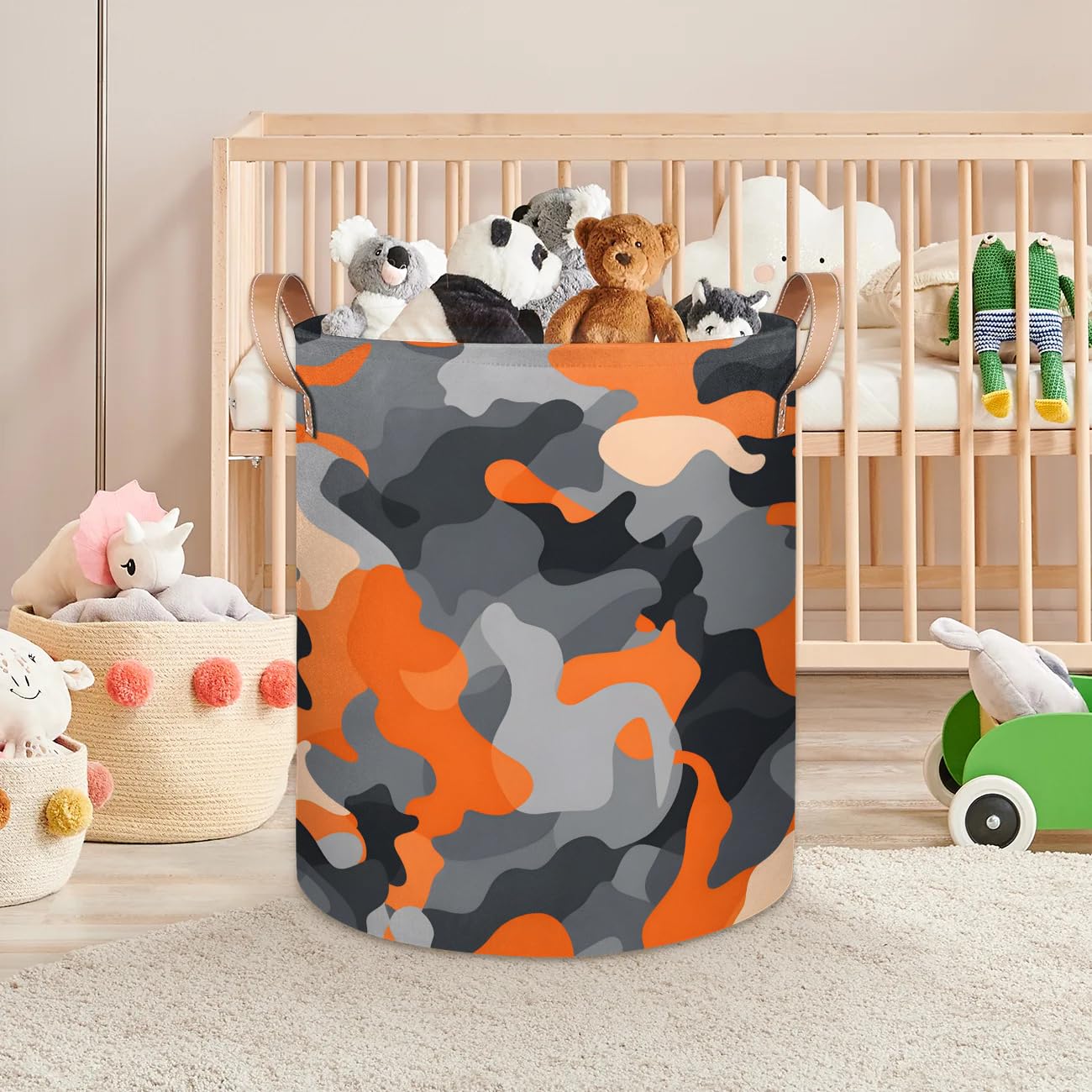 Kolabimo Orange Camo Pattern Laundry Basket Collapsible Laundry Hamper with Handles Waterproof Round Clothes Storage Bin for Laundry Rooms Bedrooms Bathroom 16x20.8 Inch