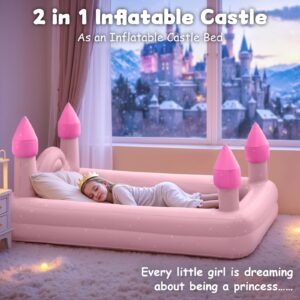 ROMPICO Inflatable Toddler Travel Bed with Safety Bumper,Portable Castle Toddler Bed with 4 Sides for Kids, Ideal for Vacation,Camping and Sleepover,Electric Pump Included (Pink)