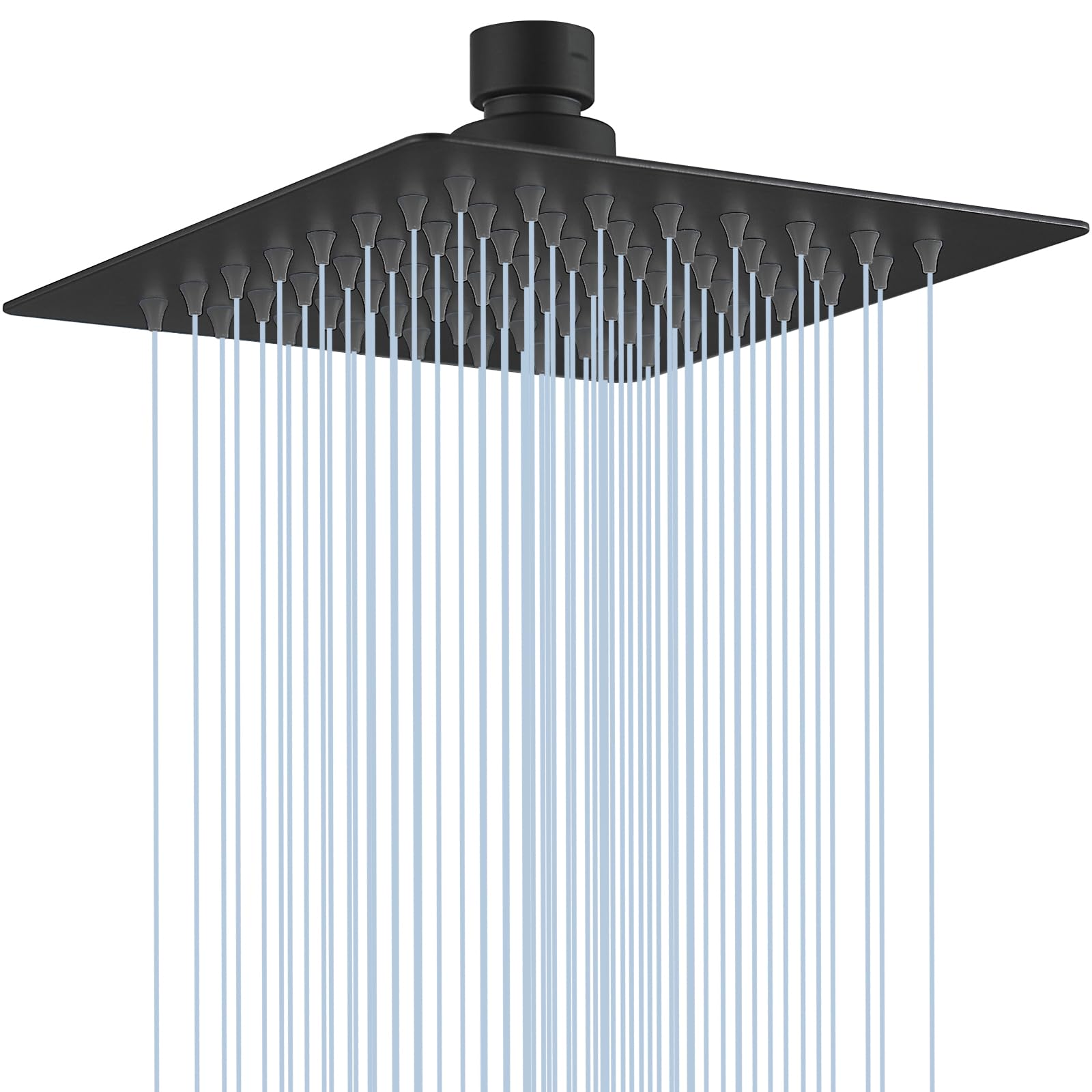 BESy 6 Inch Rain Shower Head, 6" Square Rainfall & High Pressure Stainless Steel Bath Showerhead, 1/16" Ultra Thin, Waterfall Full Body Coverage with Silicone Nozzle, Matte Black Finish