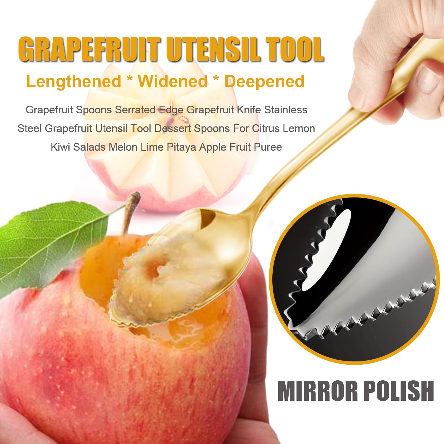 Grapefruit Spoons Serrated Edge Grapefruit Knife Stainless Steel Grapefruit Utensil Tool Dessert Spoons for Citrus Lemon Kiwi Salads Melon Lime Pitaya Apple Fruit Puree (Gold)