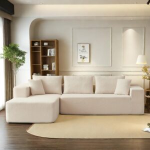 chicfurnit sectional couch, sofa with 3 back pillows & 2 throw pillows, l shaped polyester upholstered 104.33" square arms sofa for apartments, living rooms, beige