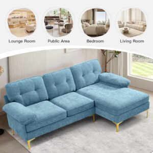 EASELAND Chenille L Shaped Sleeper Sofa, 83” Couch for Living Room, Comfy Couch for Bedroom with Convertible Chaise, Thick Wide Cushion, Couch with Fluffy Armrests, Metal Legs, Washable Cover(Blue)