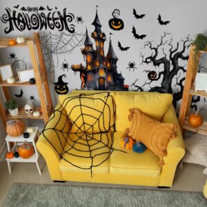 Large Halloween Wall Stickers Halloween Spooky Tree Wall Decal Peel and Stick Halloween Castle Bats Pumpkin Spider Web Wall Sticker for Window Bedroom Living Room Halloween Party Supplies Decorations