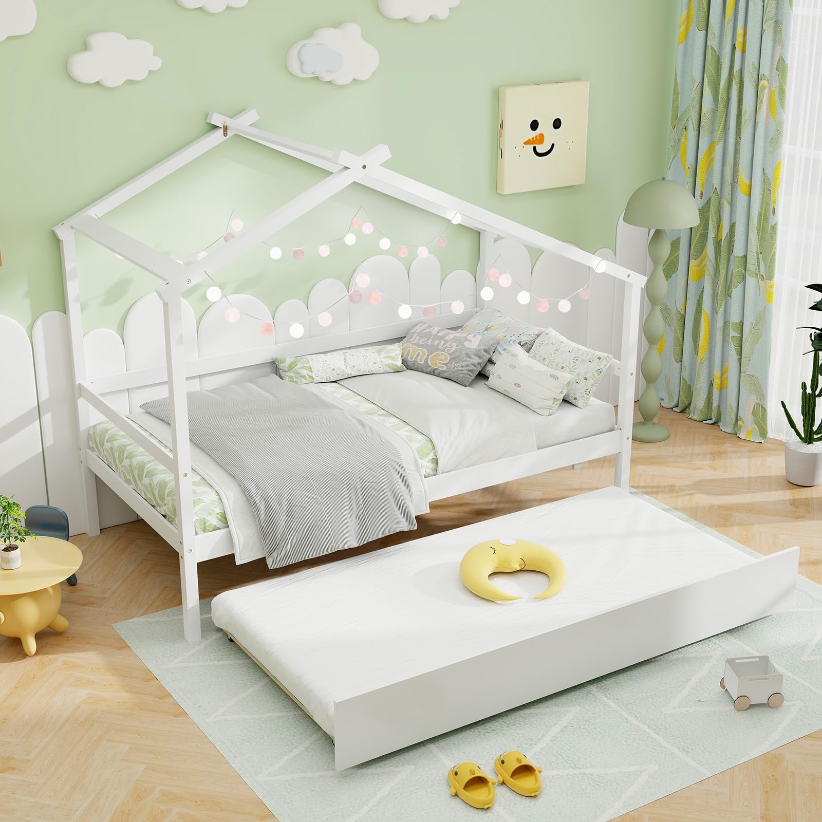 Giantex Wood House Bed for Kids, Twin Bed Frame with Trundle Bed Twin, Kids Bed Frame with Headboard and Footboard, Twin Size House Bed for Kids, Girls, Boys (White)