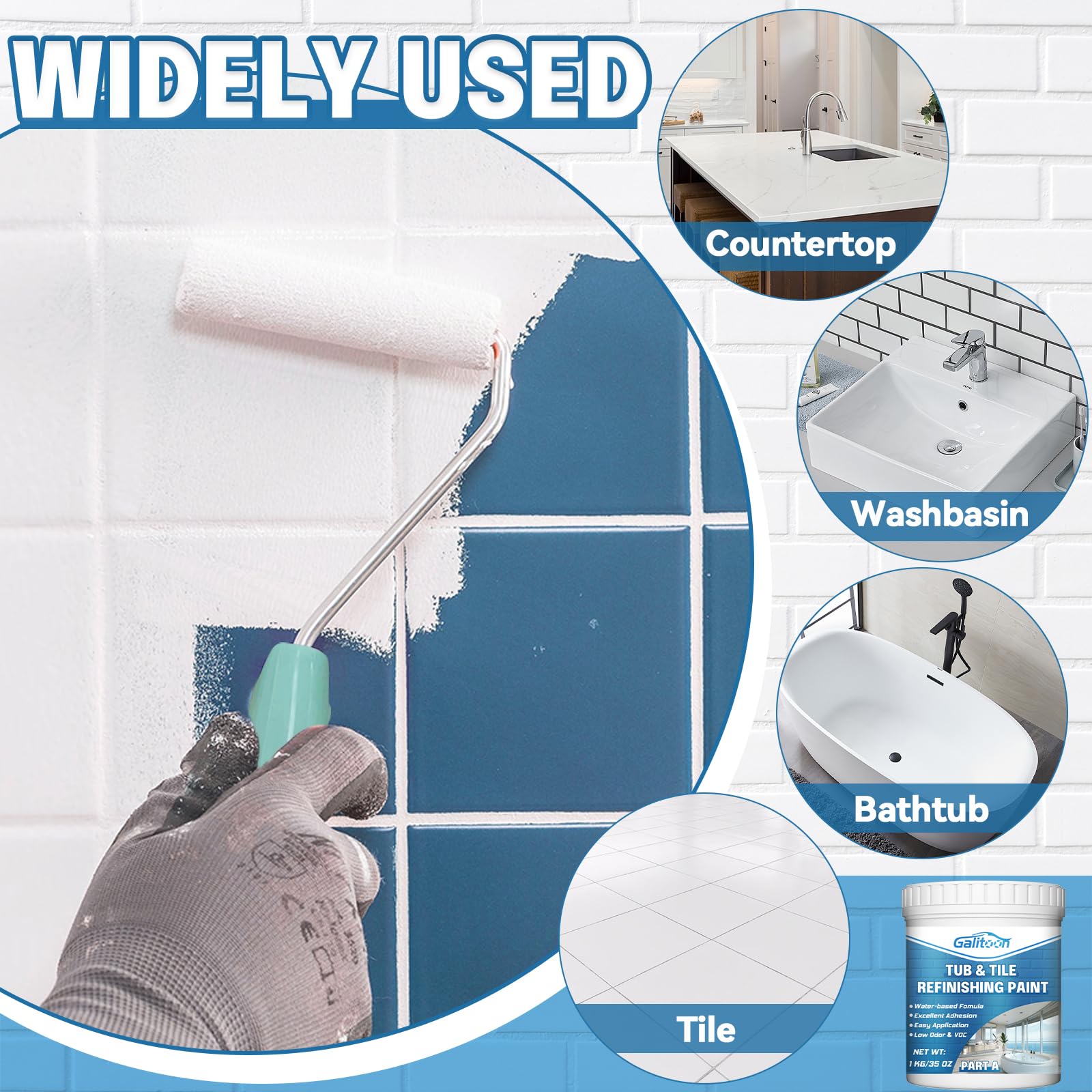 Tub and Tile Refinishing Kit, Tile Paint Touch Up Paint 35oz with Tools, Odorless DIY Countertop Paint for Wall, White Paint for Fiberglass/Bathroom/Floor/Cabinet/Kitchen/Porcelain