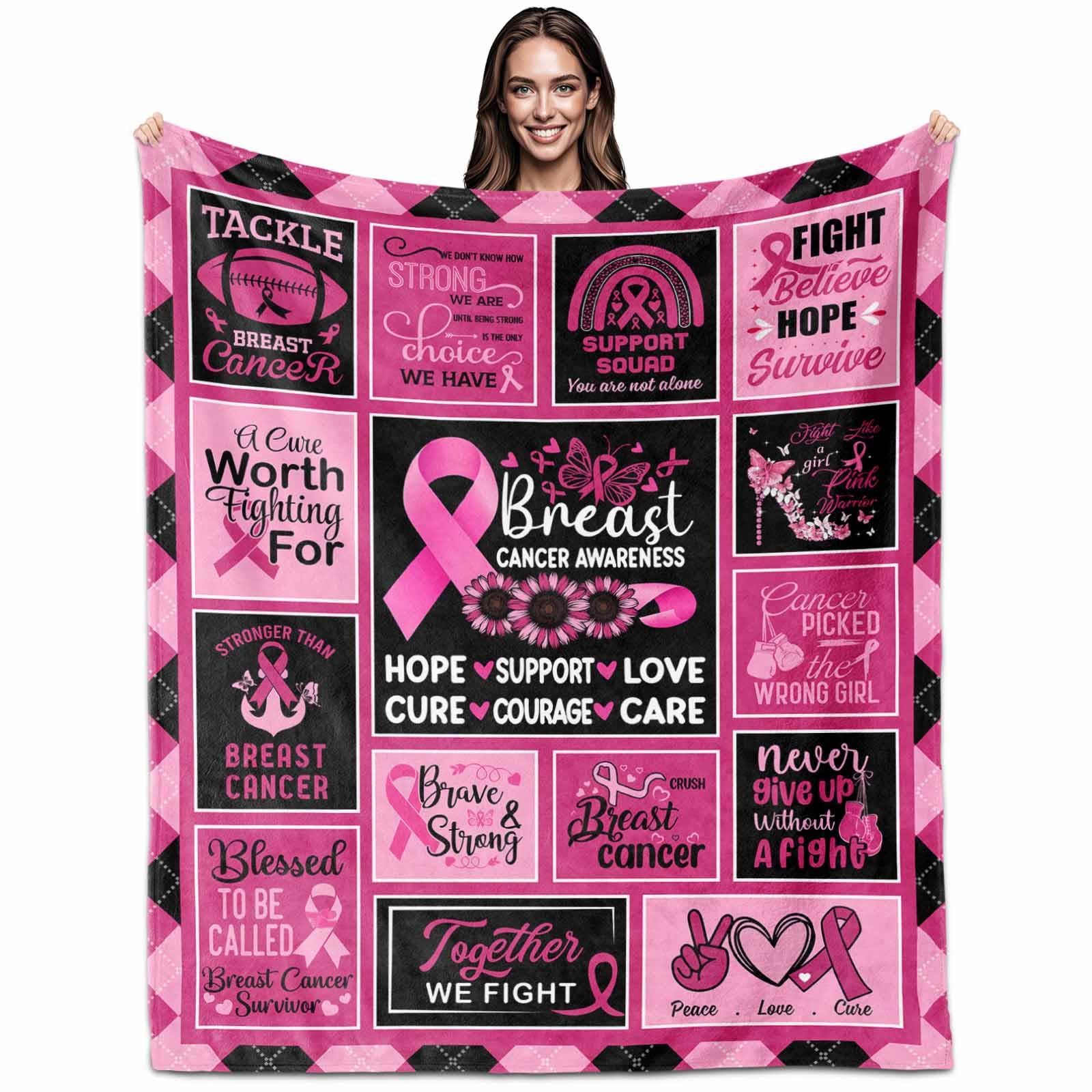 Breast Cancer Gifts for Woman Girl，Breast Cancer Survivor Gifts Ideas for Woman After Surgery, Breast Cancer Blanket 60" X 50", Breast Cancer Awareness Decorations, Pink Ribbon Breast Cancer Gifts