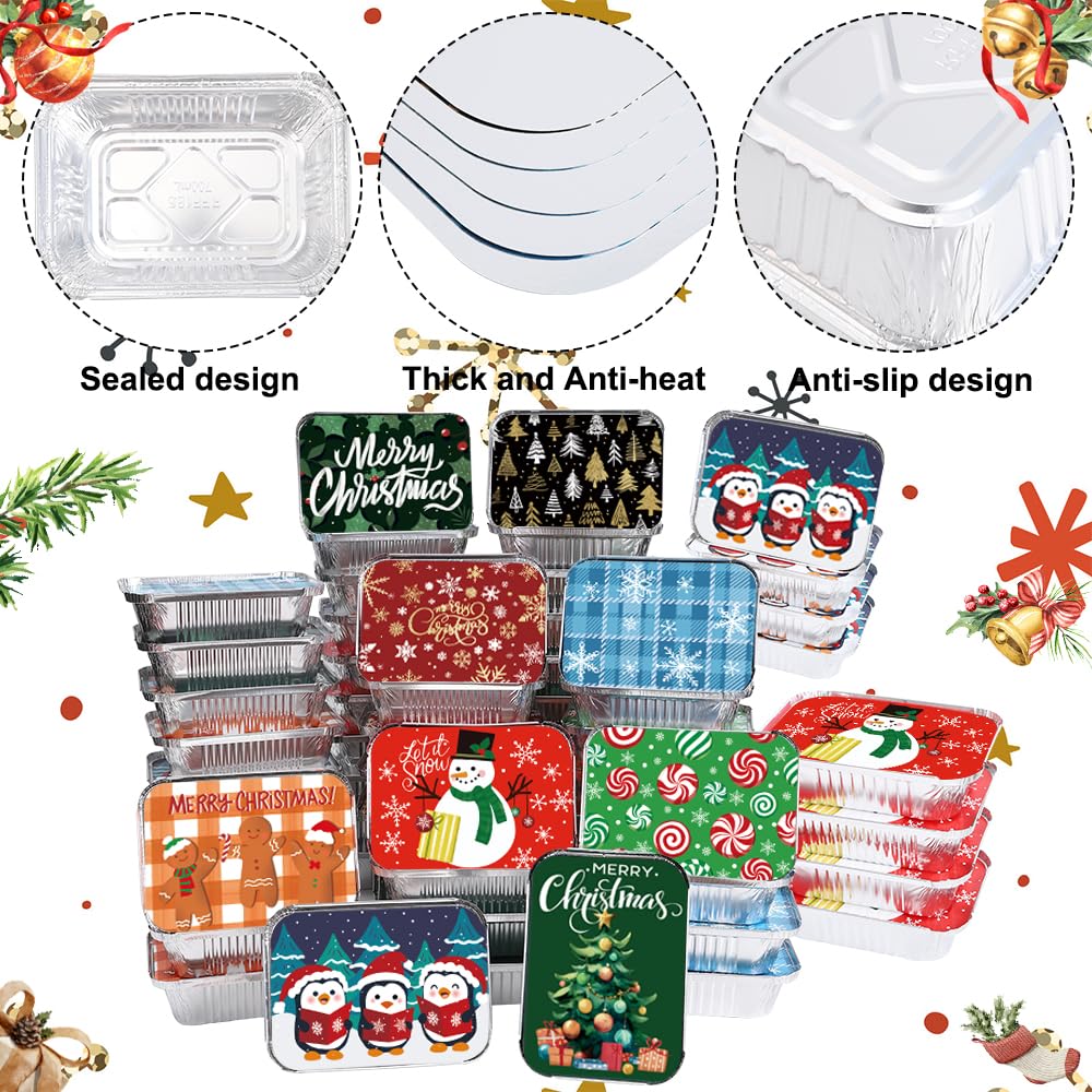 DIYDEC 36PCS Christmas Foil storage Containers 9 Styles Merry Christmas Disposable Leftover Food Containers with Lids Aluminum Cookie Tin Pans for Winter Holiday Gift Giving Party Supplies(Style B)