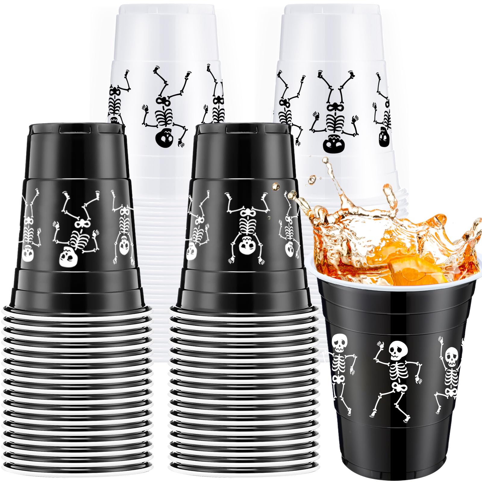 Potchen Skeleton Halloween Plastic Cups 16 oz Skeleton Printed Disposable Party Plastic Cups Funny Plastic Cups for Soda Juice Drinking Punch Halloween Party Favors Black and White(30 Pcs)