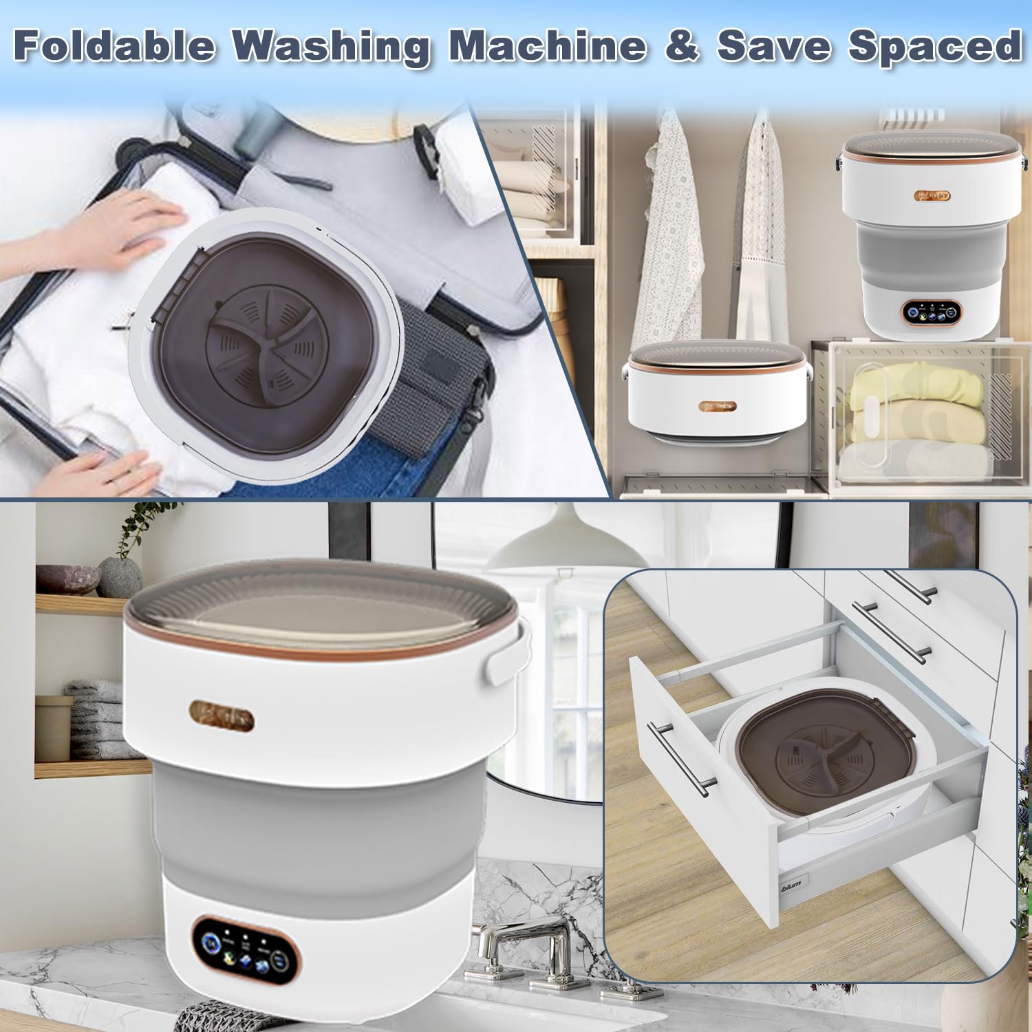 Portable Washing Machine, 15L Mini Foldable Small Washer with Spin Dry 3 Modes Underwear Lavadora Deep Clean for Baby Clothes Socks, Apartment, RV, Camping, Travel Laundry