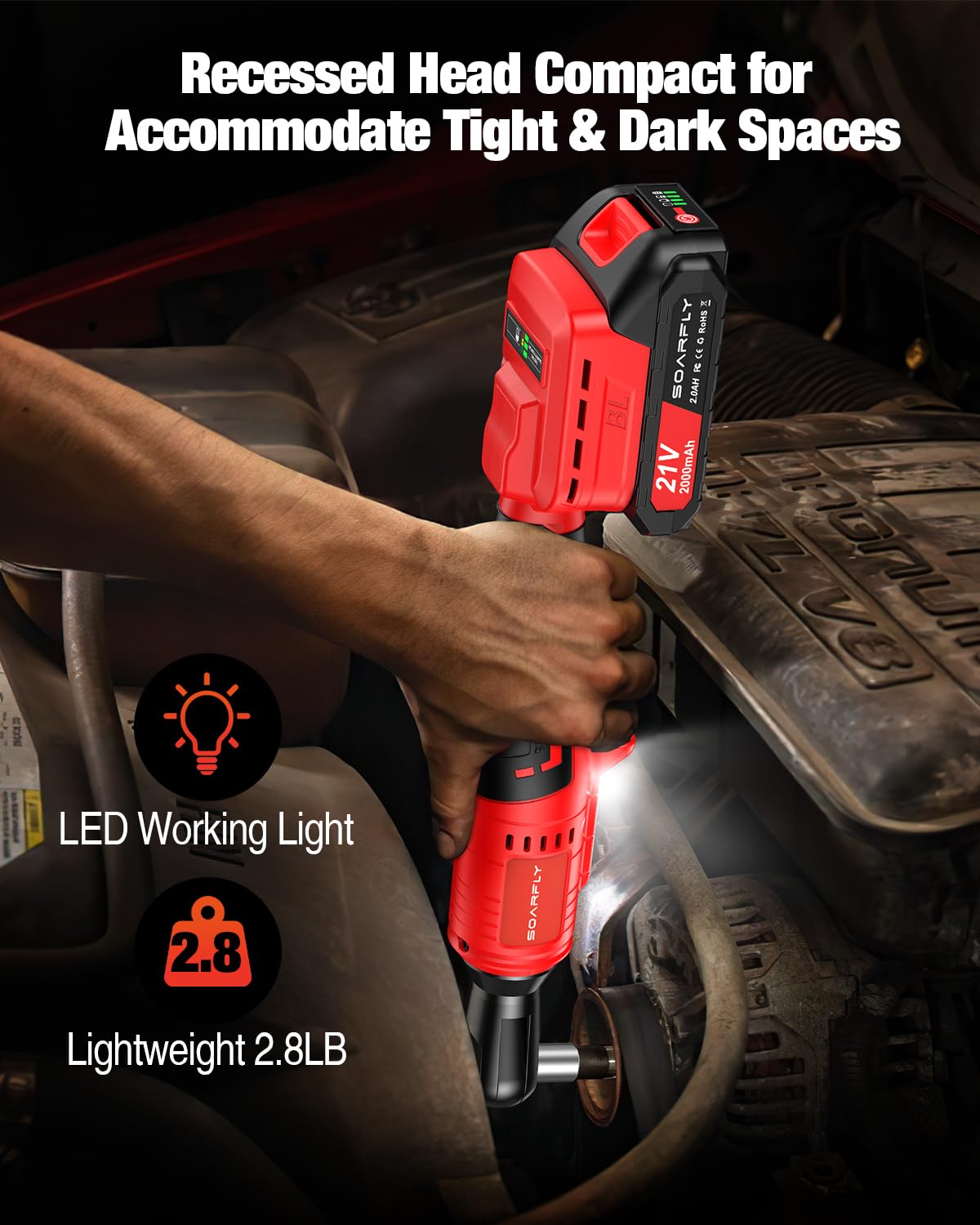 Cordless Electric Ratchet Wrench Set 3/8", Upgraded 60 Ft-lbs 21V Powerful Ratchet Tool Kit, With LED Light Cordless Ratchet,Variable Speed,7 Sockets, 3" Extension Bar, 1/4" Adapter, 2*2000mAh Battery