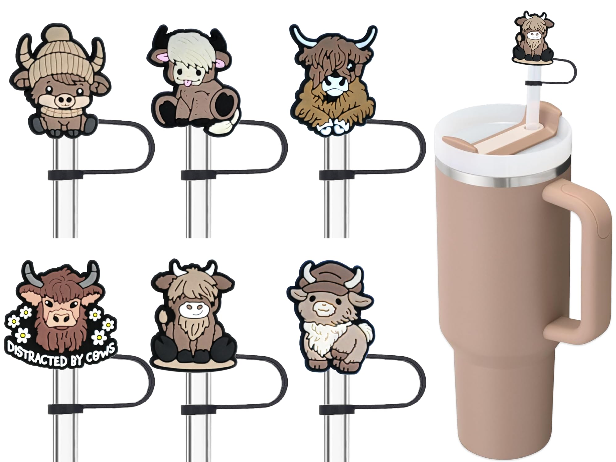 Amreich Highland Cow Straw Topper for Stanley Cup - Cute Animal Straw Cover Cap for Almond Rose 30 40 oz Tumblers 10mm Stanley Straw Accessories