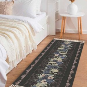 Runner Rug for Hallway 2x5ft, Halloween Skull Flowers Black Washable Runner Rugs with Tassels Woven Floor Carpet Runners for Hallways Kitchen Laundry Entryway