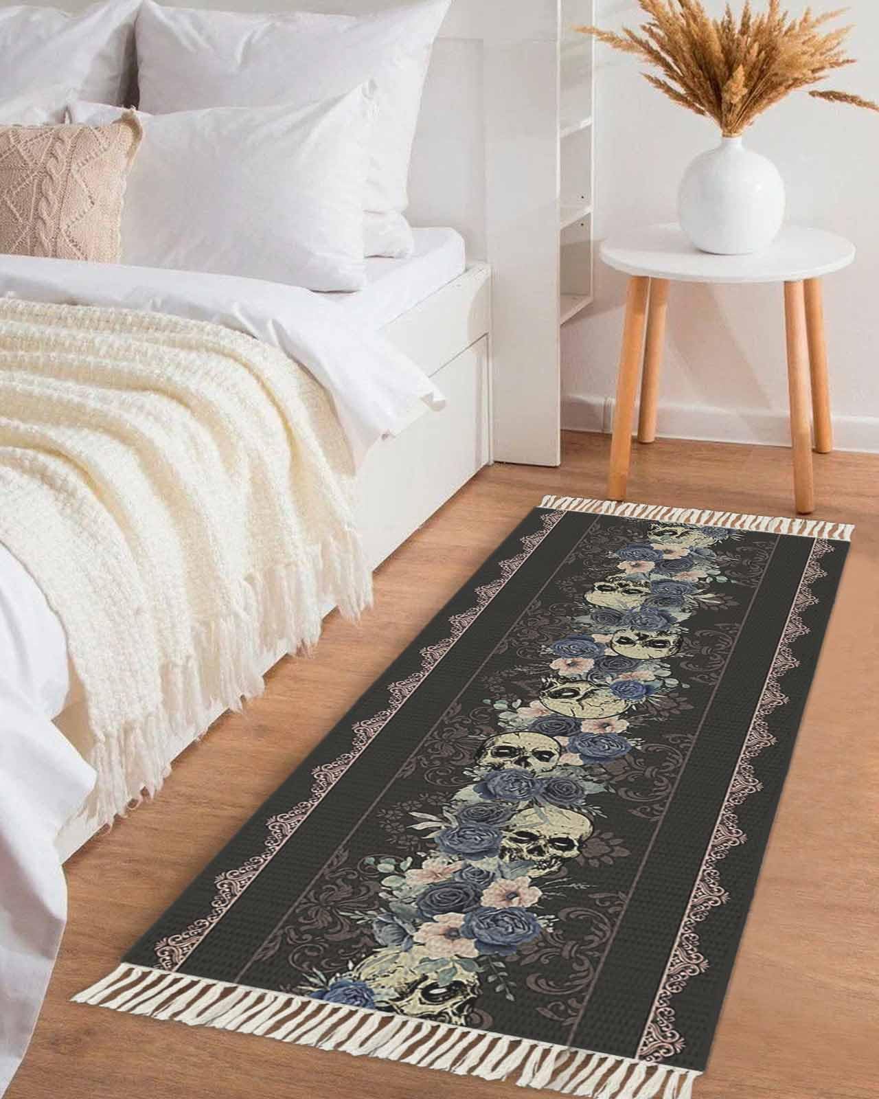 Runner Rug for Hallway 2x5ft, Halloween Skull Flowers Black Washable Runner Rugs with Tassels Woven Floor Carpet Runners for Hallways Kitchen Laundry Entryway