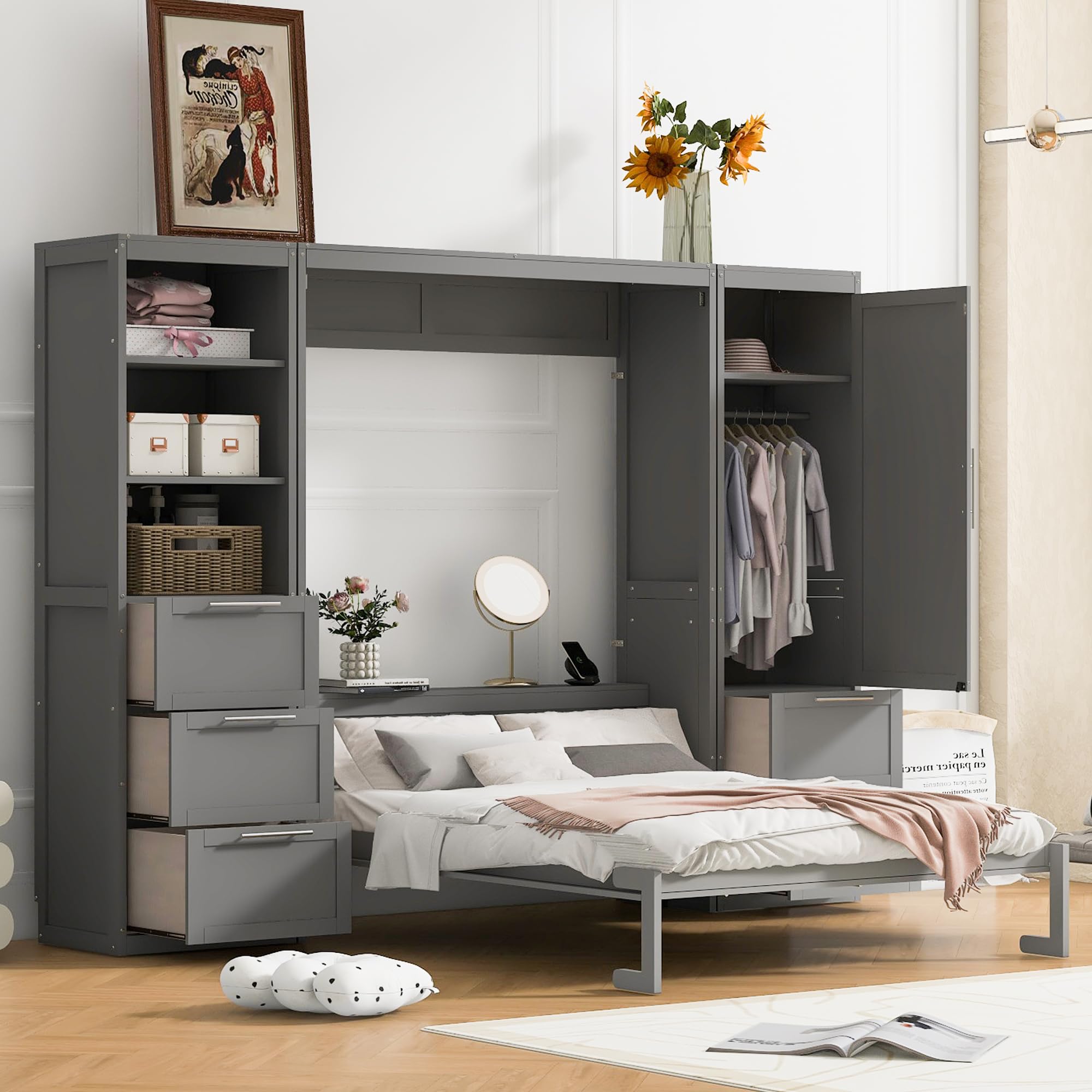 Modern Queen Size Murphy Bed with Closet, Drawers and Shelves, Cabinet Bed Folding Wall Bed for Guest Room, Office (Gray@1)