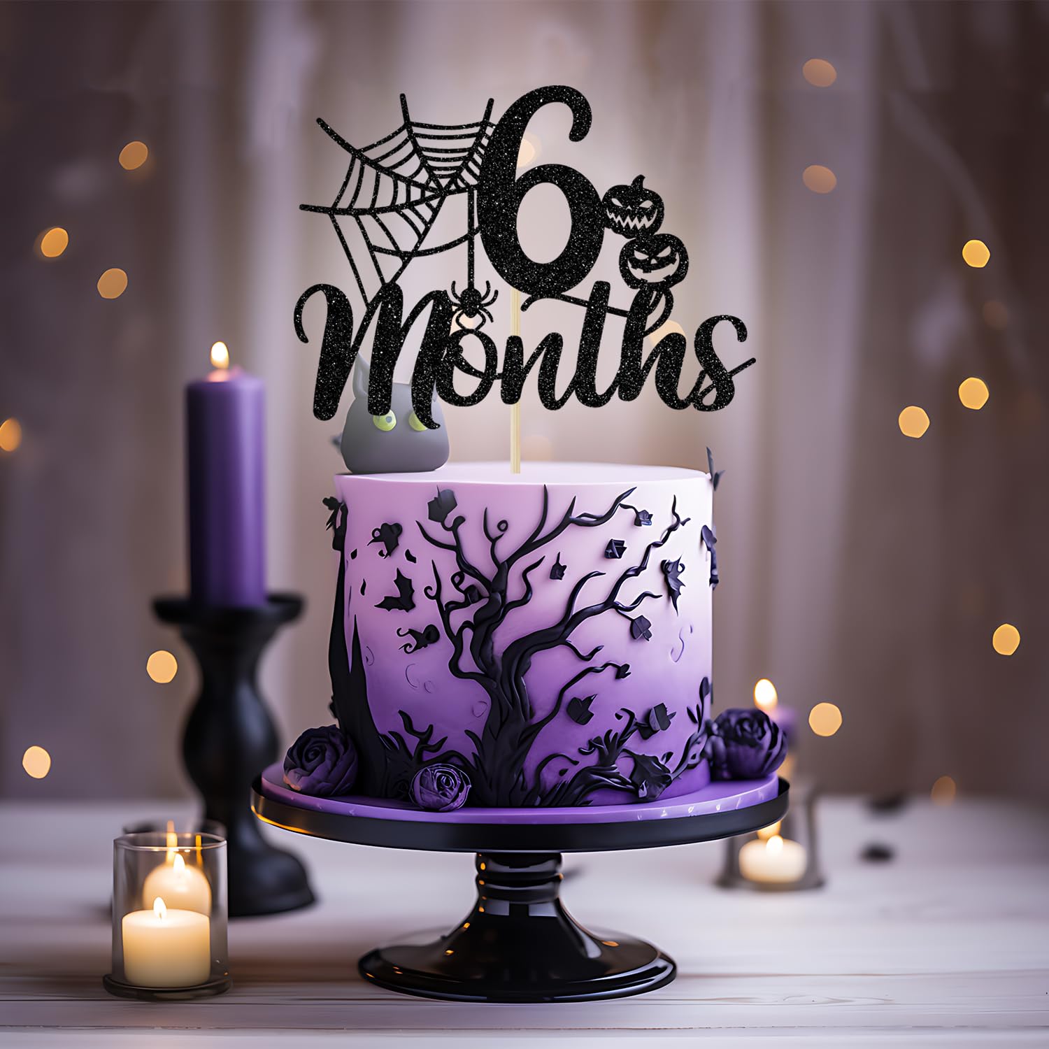 Halloween 6 Months Cake Topper, Halloween Half Birthday Cake Topper, Spider Web Half Birthday Decor, Halloween Themed Birthday Baby Shower Party Decorations, Black Glitter