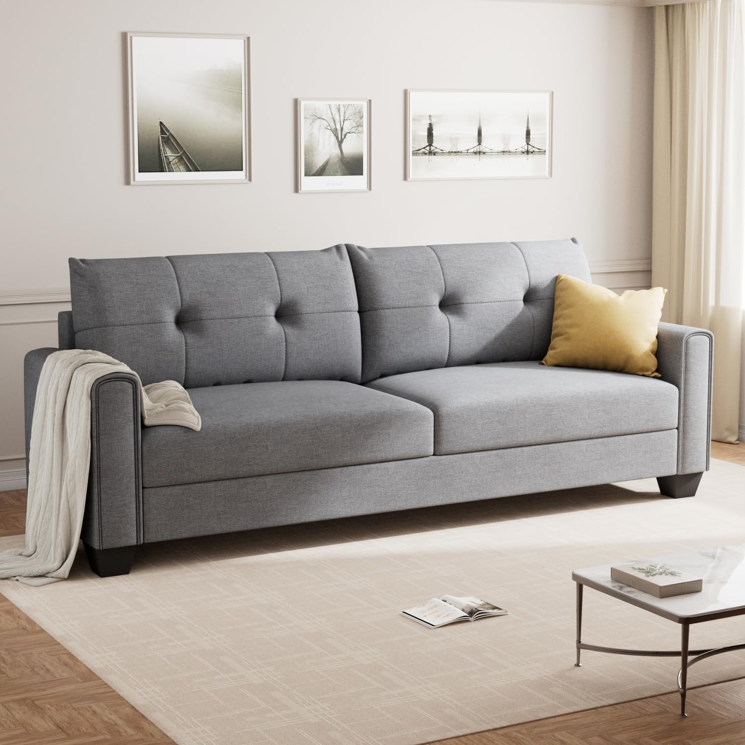 VOHOBY 82" Sofa Couches for Living Room, 3 Seater Sofa with Extra Deep Seats | Tufted Backrest | Thickened Cushion | Modern Comfy Sofa | Solid Wood Frame | Easy to Install, Prime Linen, Light Grey