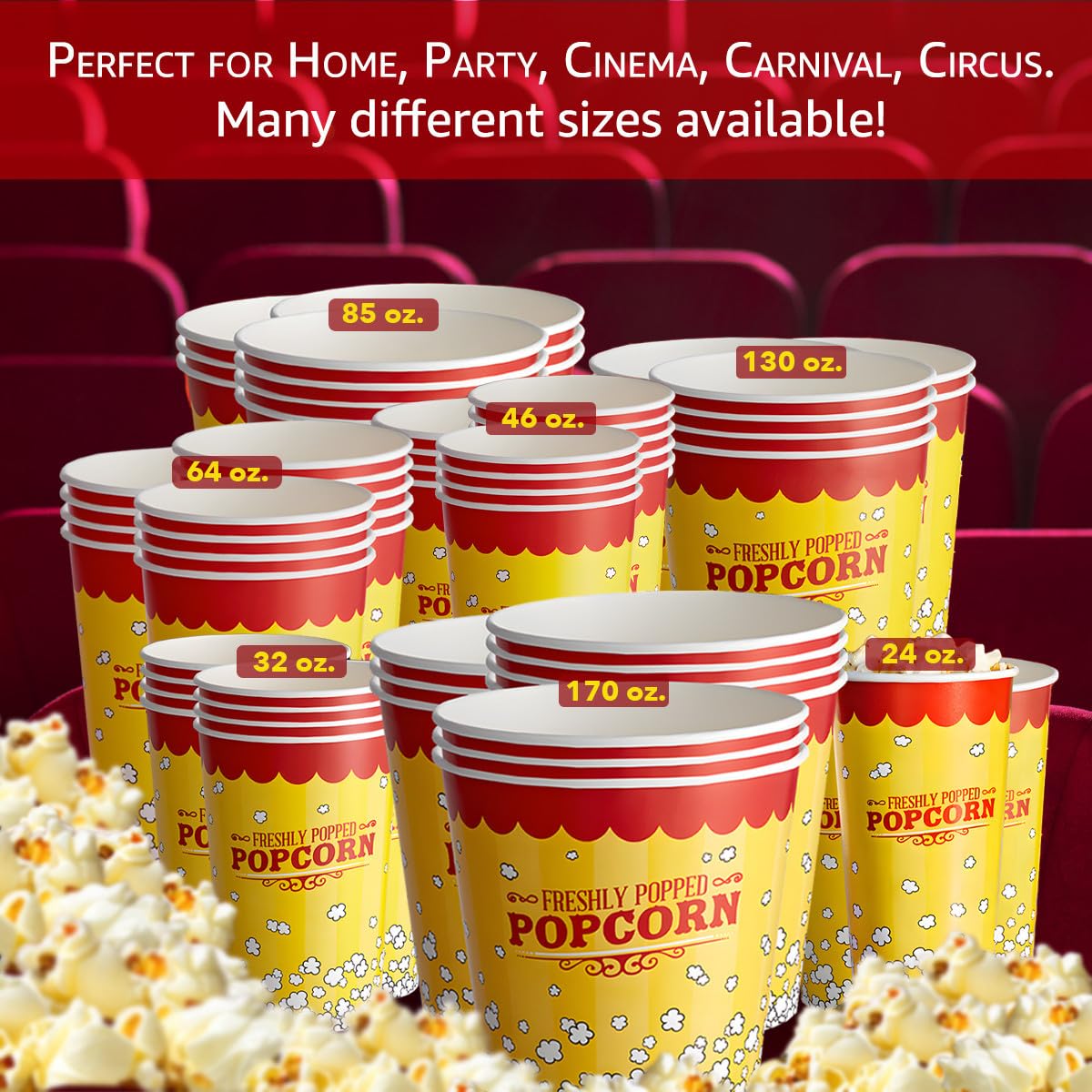 24 oz. Popcorn Cups, 1000 Pack, Popcorn Tubs, Popcorn Containers, Commercial Popcorn Buckets, Disposable Popcorn Buckets, Perfect for Movie Night, Cinema, Carnival, Party