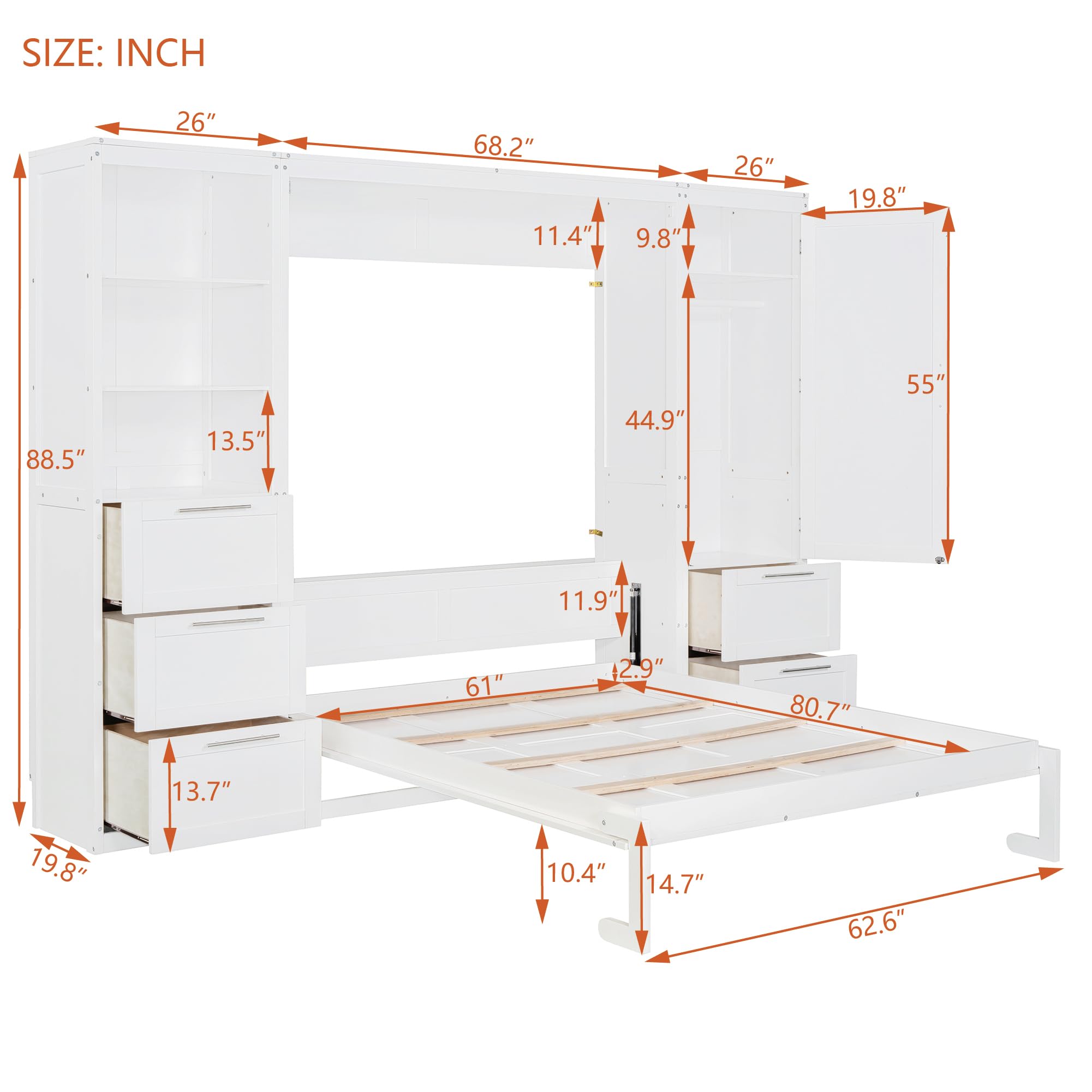 Hlcodca Queen Size Murphy Bed Wall Bed with Closet,Drawers and Shelves, Space-Saving for Multipurpose Guest Room Or Home Office (White-rr)