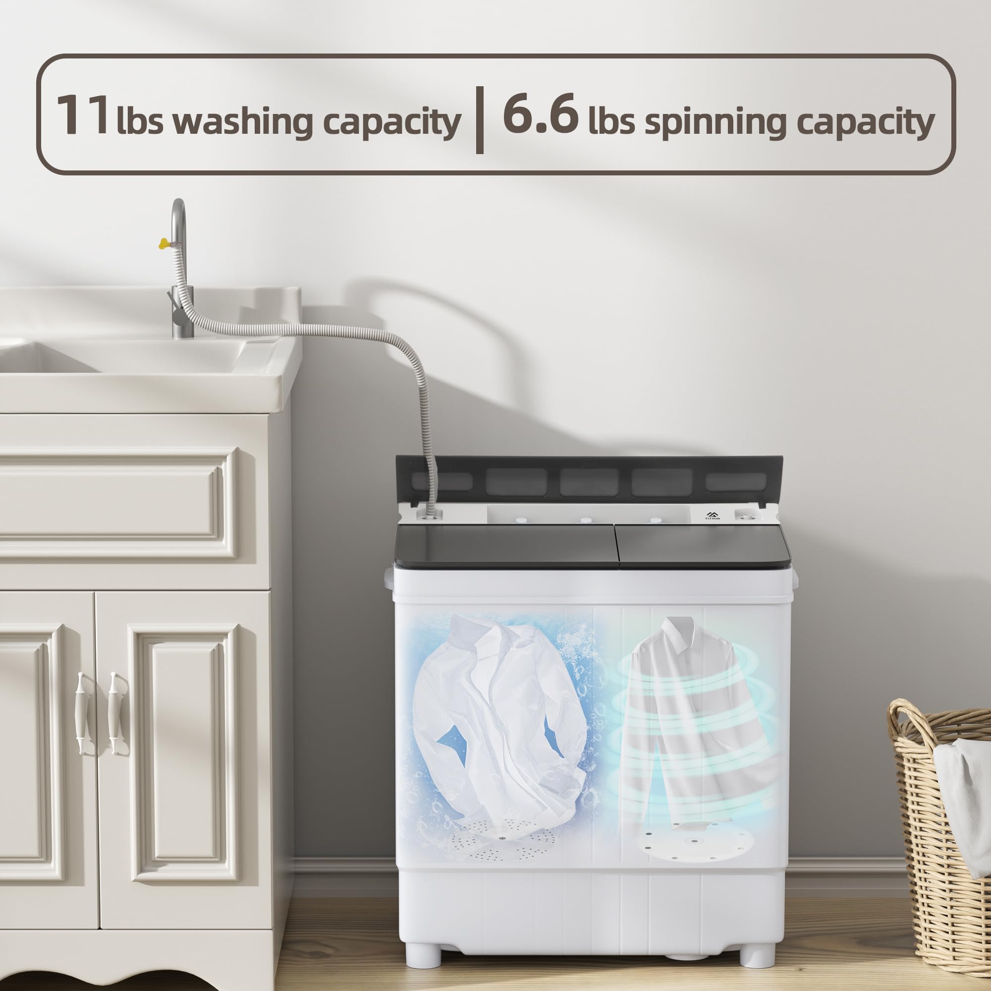 Elevon Portable, 17.6lbs Mini Compact Laundry, Twin Tub 11lbs 6.6lbs Spinner, Clothes Washer Washing Machine, Drain Pump for Apartment, Dormitory and RVs