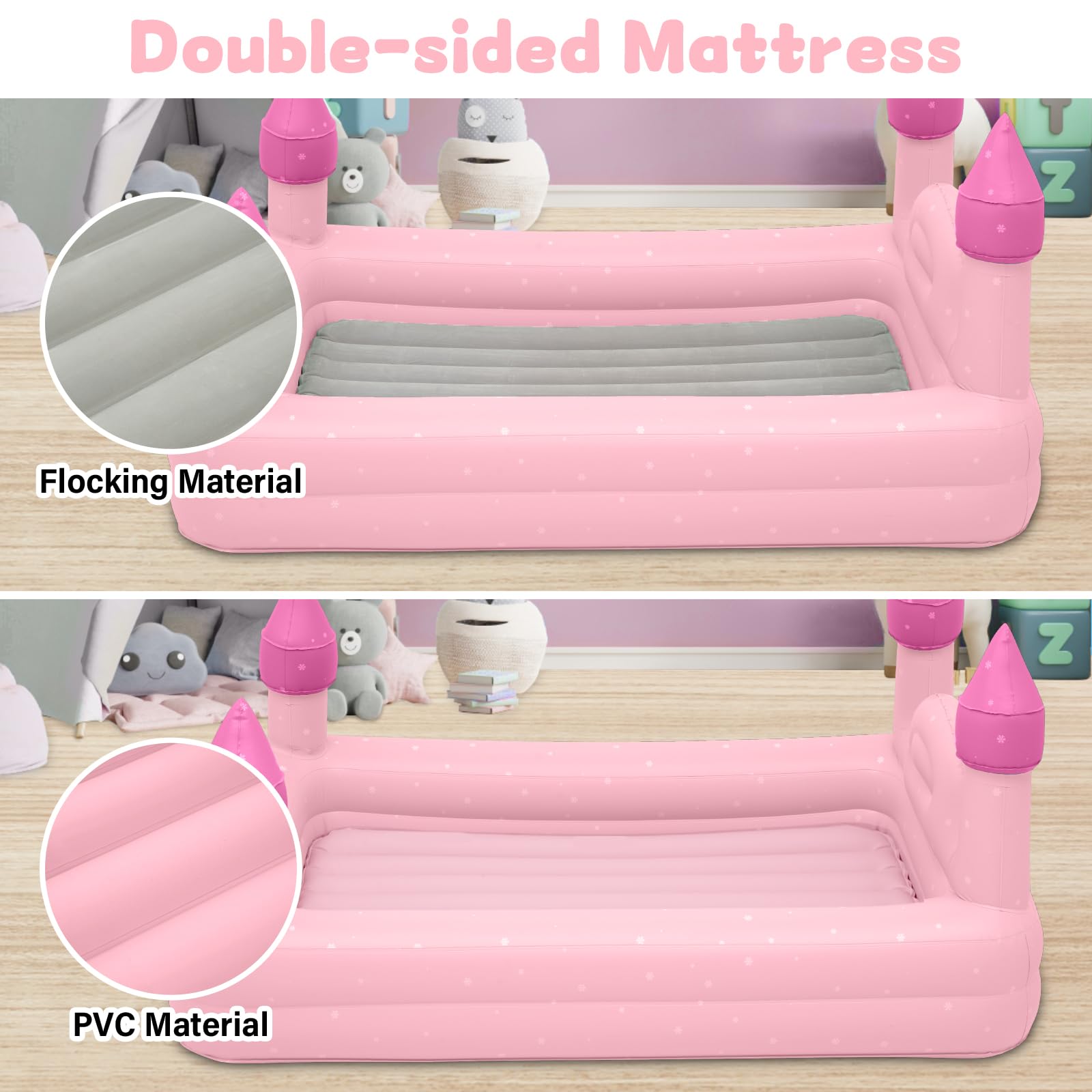 ROMPICO Inflatable Toddler Travel Bed with Safety Bumper,Portable Castle Toddler Bed with 4 Sides for Kids, Ideal for Vacation,Camping and Sleepover,Electric Pump Included (Pink)