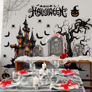 Large Halloween Wall Stickers Halloween Spooky Tree Wall Decal Peel and Stick Halloween Castle Bats Pumpkin Spider Web Wall Sticker for Window Bedroom Living Room Halloween Party Supplies Decorations