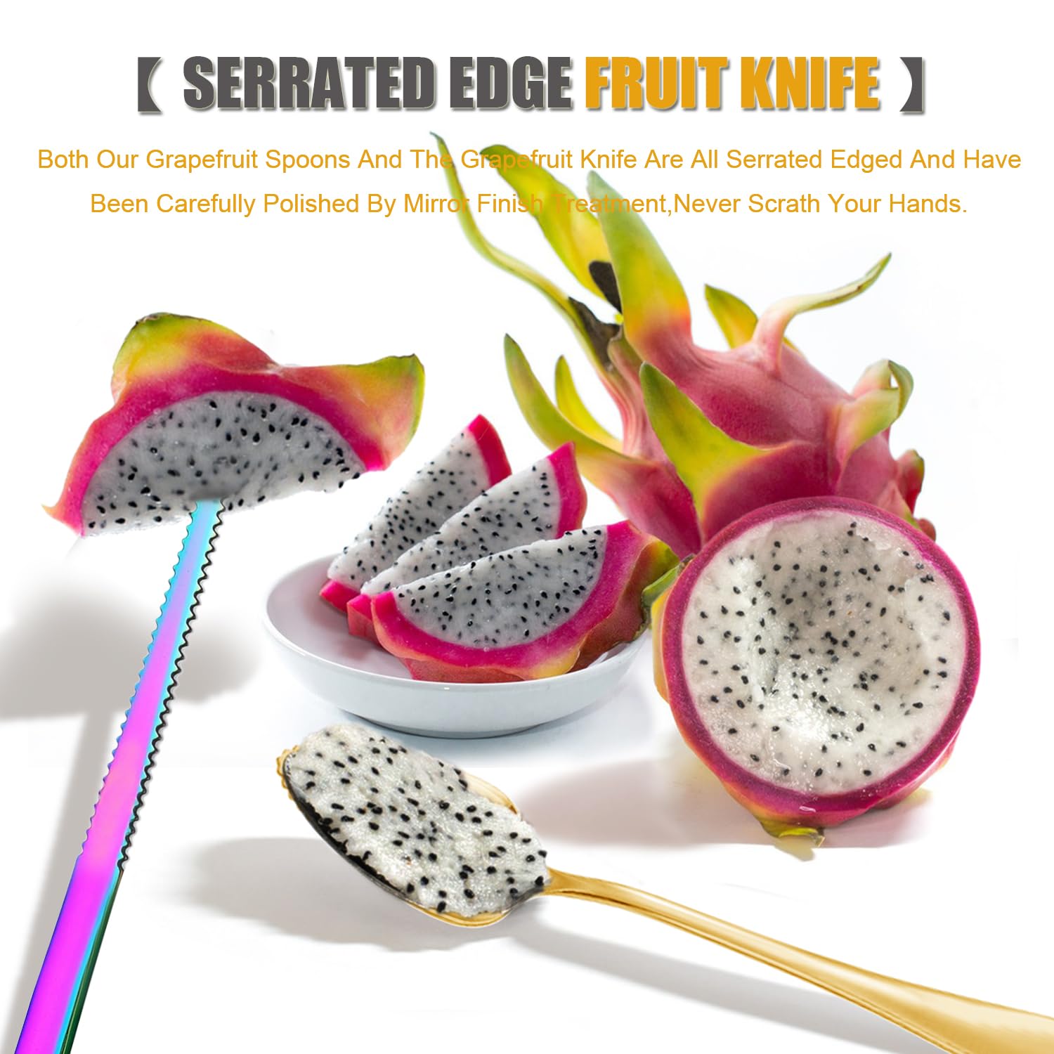 Grapefruit Spoons Serrated Edge Grapefruit Knife Stainless Steel Grapefruit Utensil Tool Dessert Spoons for Citrus Lemon Kiwi Salads Melon Lime Pitaya Apple Fruit Puree (Gold)