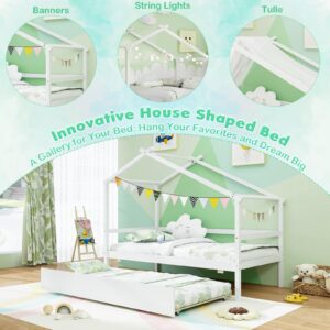 Giantex Wood House Bed for Kids, Twin Bed Frame with Trundle Bed Twin, Kids Bed Frame with Headboard and Footboard, Twin Size House Bed for Kids, Girls, Boys (White)