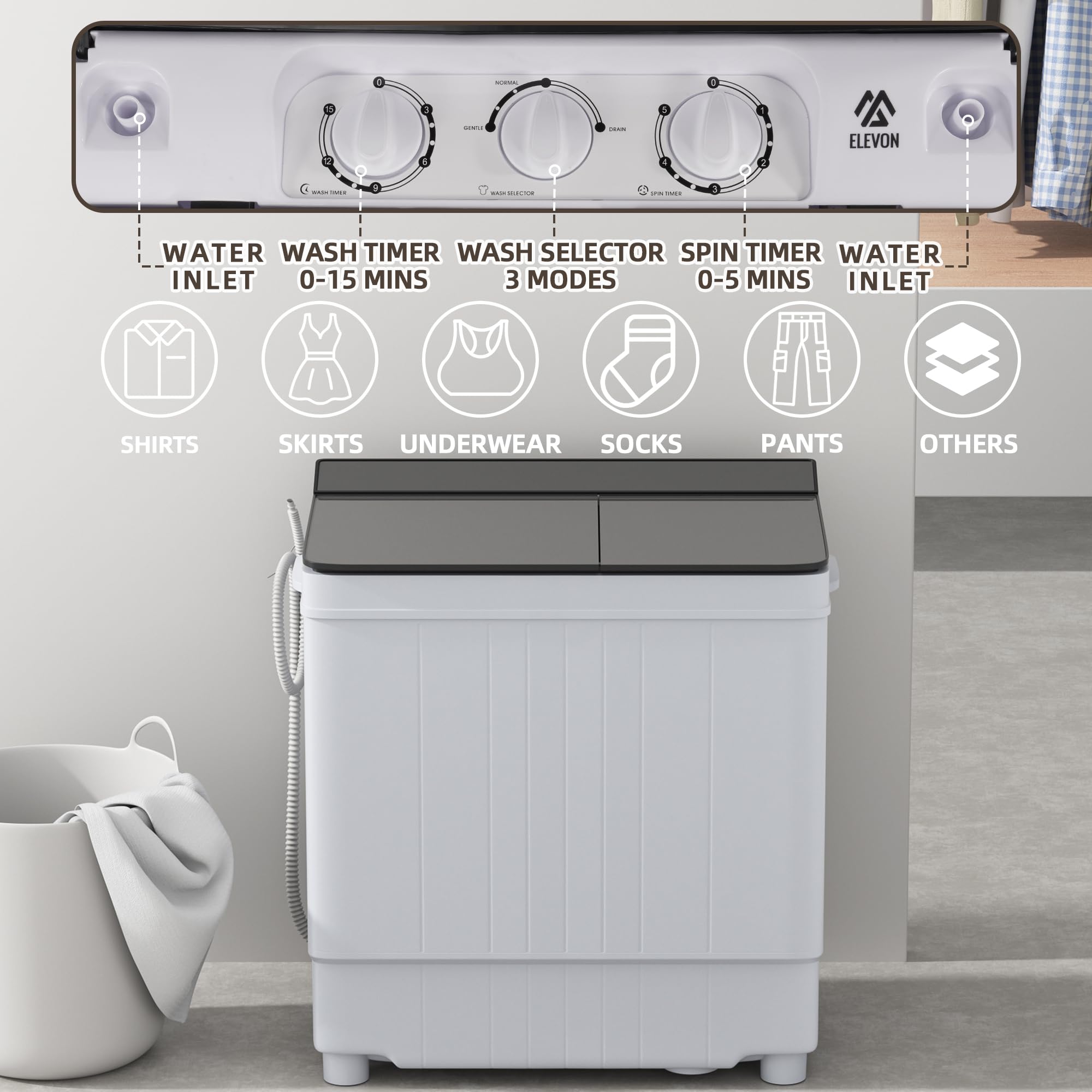 Elevon Portable, 17.6lbs Mini Compact Laundry, Twin Tub 11lbs 6.6lbs Spinner, Clothes Washer Washing Machine, Drain Pump for Apartment, Dormitory and RVs