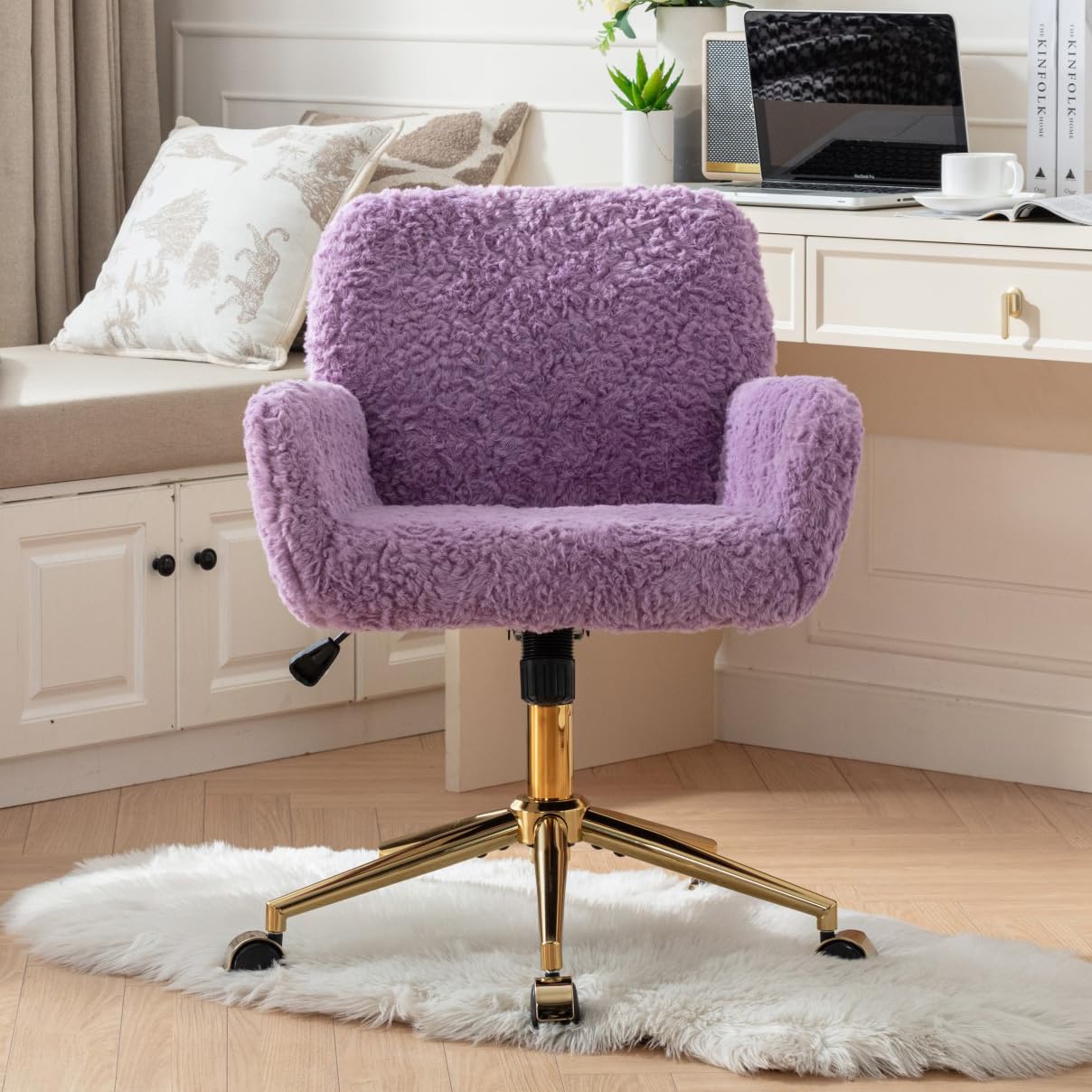 LKTART Faux Fur Home Office Chair for Women Girl, Vanity Makeup Desk Chair with Wheels Upholstered Height Adjustable Armchair with Gold Metal Base Living Room Bedroom Office Vanity