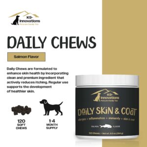 K9-Innovations Daily Skin & Coat Dog Chews Salmon Flavor - Reduce Itching & Paw Chewing - Clean Ingredients, Omega 3 & Vitamin C for Immune Function & Dog Skin Health 1-4 Month Supply - 120 Dog Chews