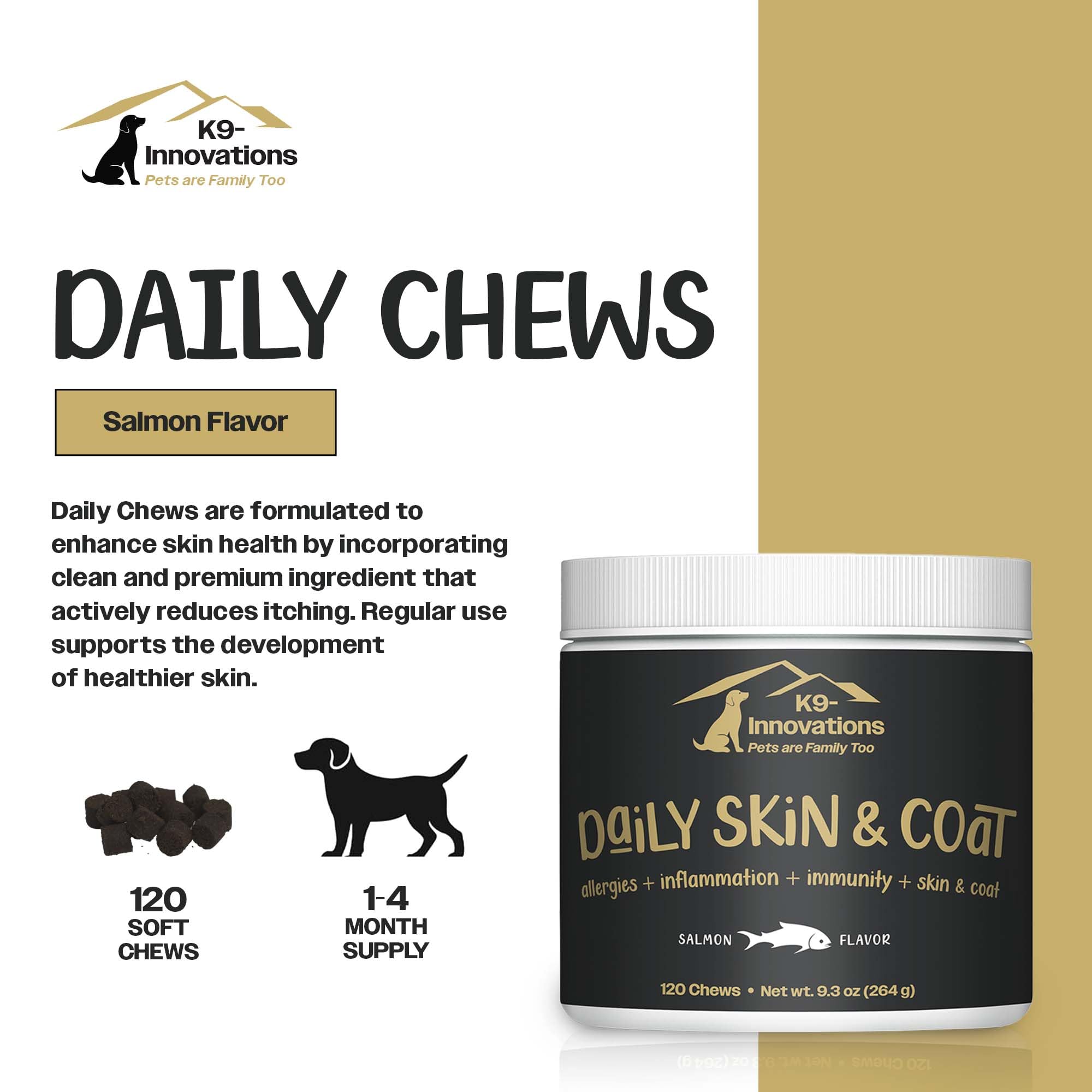 K9-Innovations Daily Skin & Coat Dog Chews Salmon Flavor - Reduce Itching & Paw Chewing - Clean Ingredients, Omega 3 & Vitamin C for Immune Function & Dog Skin Health 1-4 Month Supply - 120 Dog Chews