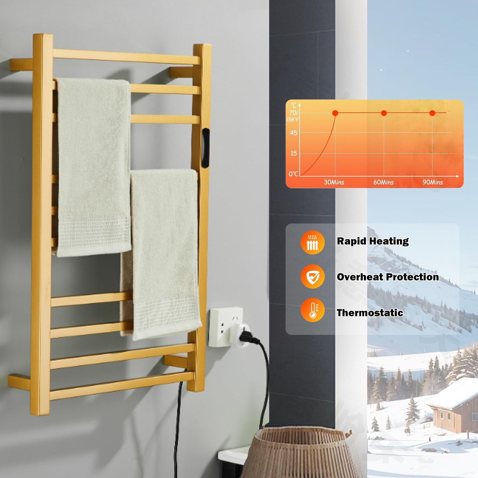 EWDPHW Heated Towel Rack Gold, 10 Bars Towel Warmer Rack for Bathroom Wall Mounted, Timer & Temperature Control Electric Towel Drying Rack, Hardwired