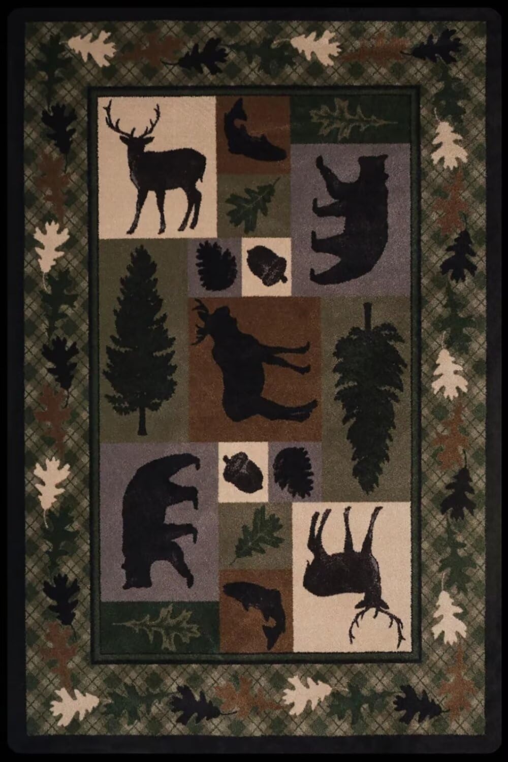 Qmkmyy Vintage Lodge Cabin Area Rug 6'x9' Hunting Bear Deer Print Rugs Rustic Wildlife Living Room Rug Country Style Leaf Carpet Low Pile Floor Mat,Black