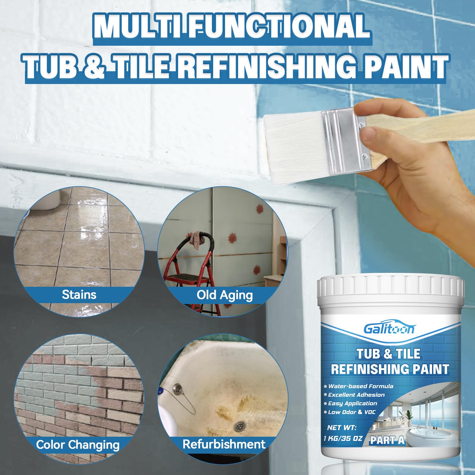 Tub and Tile Refinishing Kit, Tile Paint Touch Up Paint 35oz with Tools, Odorless DIY Countertop Paint for Wall, White Paint for Fiberglass/Bathroom/Floor/Cabinet/Kitchen/Porcelain