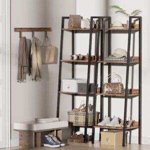 Bookshelf, Ladder Shelf with Steel Frame, 4-Tier Industrial Bookcase, Narrow Tiered Shelf for Small Space, Corner Shelf for Living Room, Home Office, Kitchen, Bedroom, Bathroom（Rustic Brown & Black）