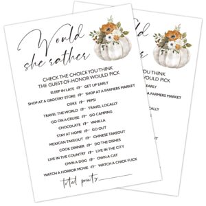 fall bridal shower games, would she rather themed bachelorette party game, fall festival games cards with pumpkin design, boho wedding shower games, thanksgiving party supplies -01