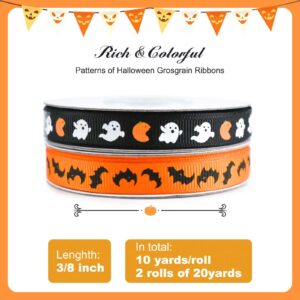 2 Rolls 20 Yards Halloween Ribbon 3/8 inch, Orange and Black Ribbon Bat Ghost Pumpkin Ribbon Halloween Ribbons for Crafts, Gift Wrapping, Bows Making, Halloween Party Decoration (Halloween)