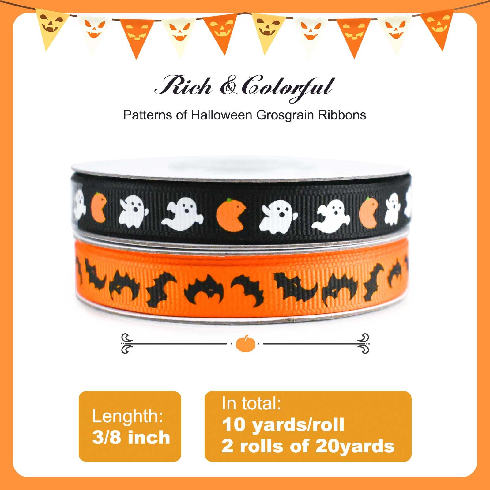 2 Rolls 20 Yards Halloween Ribbon 3/8 inch, Orange and Black Ribbon Bat Ghost Pumpkin Ribbon Halloween Ribbons for Crafts, Gift Wrapping, Bows Making, Halloween Party Decoration (Halloween)